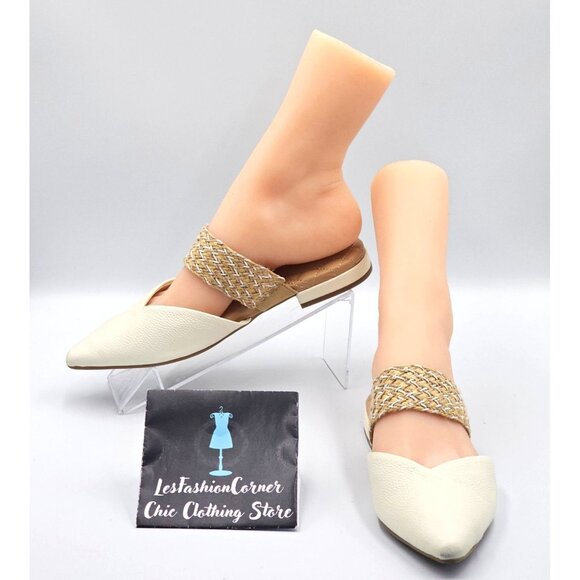 Birdies Women Cream Leather The Swan Cuff Pointed Toe Strap Mule Flats Sz 6 2404 - Picture 1 of 16